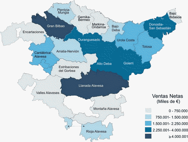 Distribución de las Ventas netas de la Industria extractiva y manufacturera por comarcas. 2012. Miles de euros
Fuente: Eustat. Estadística  Industrial de la C.A. de Euskadi