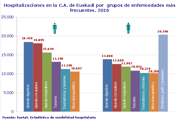 Hospitalizaciones en la C.A. de Euskadi por  grupos de enfermedades más frecuentes. 2016
Fuente: Eustat. Estadística de morbilidad hospitalaria
